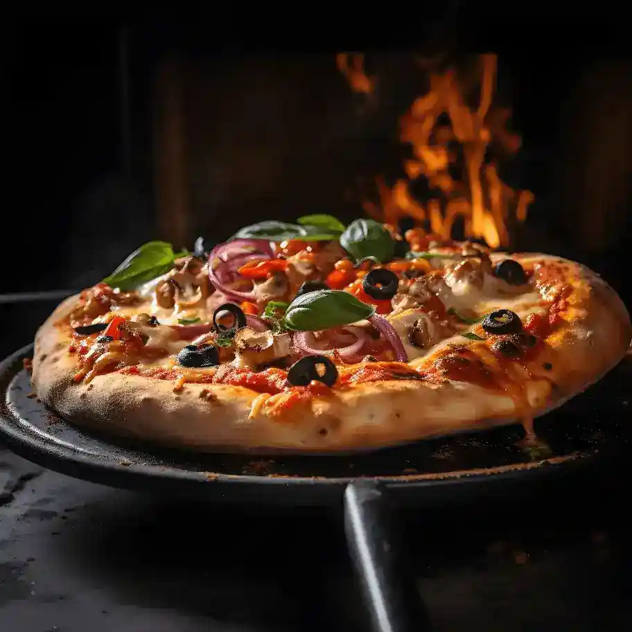 Freshly baked vegetarian pizza with fresh spinach, garlic and olives gently being tossed into the air.